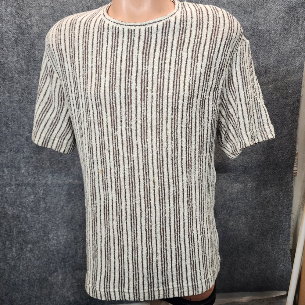 Zara Textured Vertical Stripe Knit T-Shirt Cream Brown Crewneck Short Sleeve